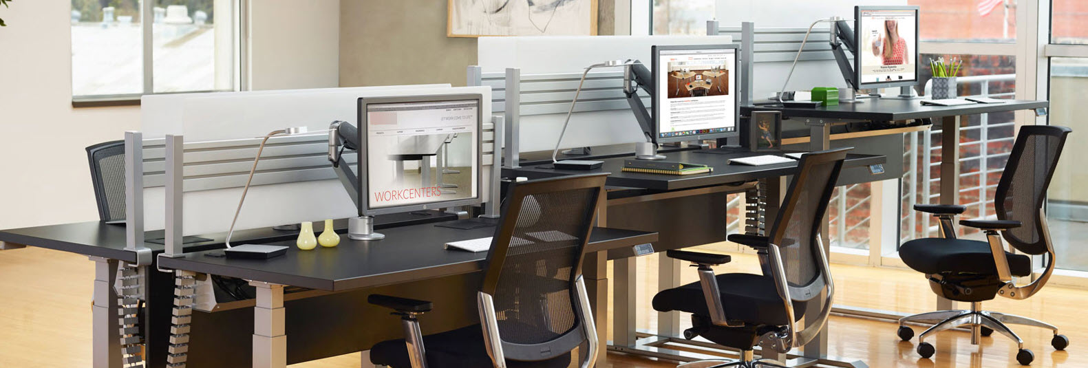 Open Work Station with Sit Stand Adjustable Work Surfaces - Power Beam with Privacy Panel